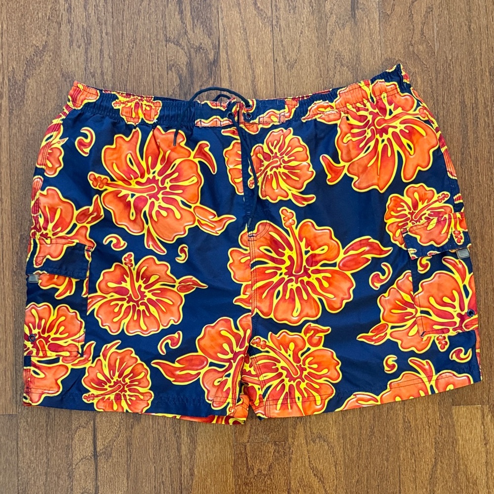 Hibiscus Print Men's Swim Trunks - Navy and Orange